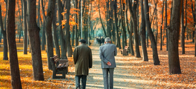 Zwei ältere Männer spazieren im Park